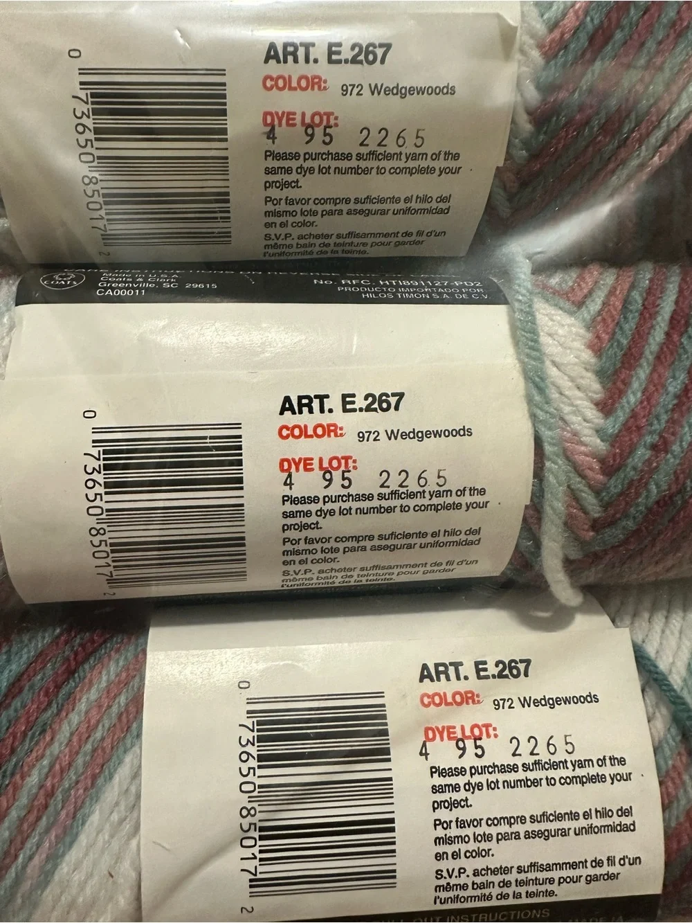 Lot of 3 Vintage Red Heart Classic Yarn, Wedgewood Color Same Dye Lot